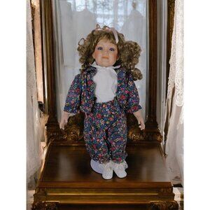 Vintage Gustave Wolff 1993 Porcelain Doll 19" with Stand Floral Outfit